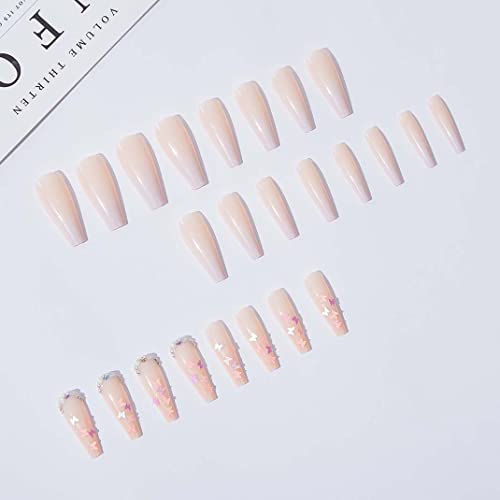 Long Fake Nails French Tip Press on Nails Coffin Stick on Nails with Butterfly Design Purple Nails for Women - Image 2