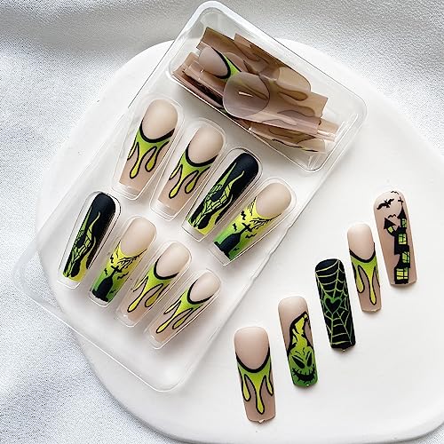 Long Fake Nails, Halloween Press on Nails Square Acrylic Nails Matte False Nails French Press on Nails with Ghost Castle Spider Web Flames Designs Yellow Green Gradient Stick on Nails for Women Girls - Image 3
