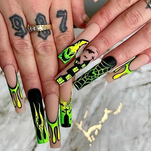 Long Fake Nails, Halloween Press on Nails Square Acrylic Nails Matte False Nails French Press on Nails with Ghost Castle Spider Web Flames Designs Yellow Green Gradient Stick on Nails for Women Girls