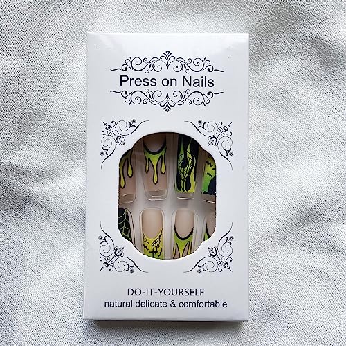 Long Fake Nails, Halloween Press on Nails Square Acrylic Nails Matte False Nails French Press on Nails with Ghost Castle Spider Web Flames Designs Yellow Green Gradient Stick on Nails for Women Girls - Image 5