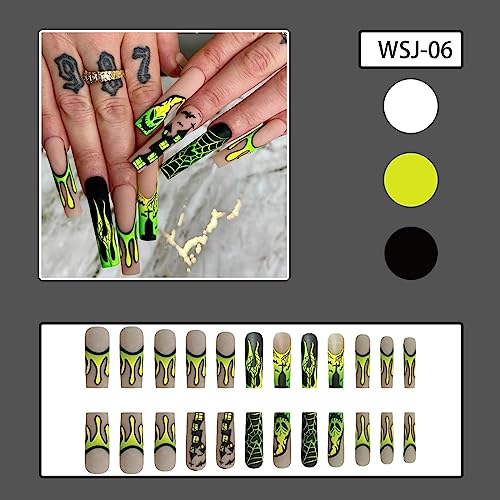 Long Fake Nails, Halloween Press on Nails Square Acrylic Nails Matte False Nails French Press on Nails with Ghost Castle Spider Web Flames Designs Yellow Green Gradient Stick on Nails for Women Girls - Image 7