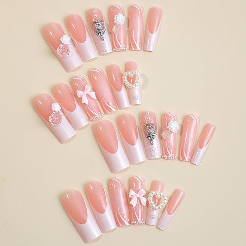 Long Fake Nails with Charm French Tip Square Press on Nails Full Cover False Nails with Bow Heart Pearl Flower Designs Acrylic Nails Pink Glitter Stick on Nails Cute Long Artificial Nails for Women - Image 2