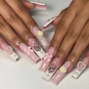 Long Fake Nails with Charm French Tip Square Press on Nails Full Cover False Nails with Bow Heart Pearl Flower Designs Acrylic Nails Pink Glitter Stick on Nails Cute Long Artificial Nails for Women