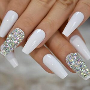 Long Glossy White AB Rhinestones Diamond Décor Tips Shiny Ballerina Fake Art Nails Coffin Salon False Nails