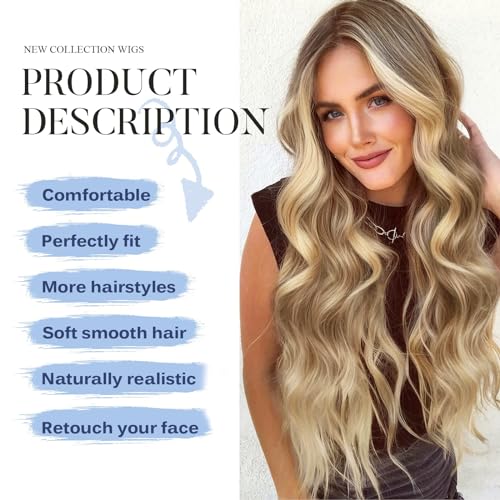 Long Ombre Brown mix Blonde Wavy Wig for Women,Middle Part Curly Wavy Wig,Natural Looking Synthetic Heat Resistant Fiber Wig for Daily Party Use 26IN… - Image 2