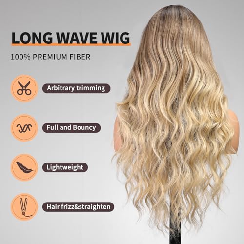 Long Ombre Brown mix Blonde Wavy Wig for Women,Middle Part Curly Wavy Wig,Natural Looking Synthetic Heat Resistant Fiber Wig for Daily Party Use 26IN… - Image 5