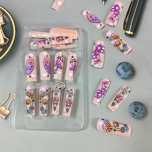 Long Pink Graffiti Ballerina False Nails for Women and Girls, 24 Piece Set - Image 3