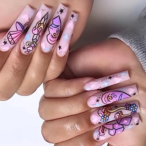 Long Pink Graffiti Ballerina False Nails for Women and Girls, 24 Piece Set