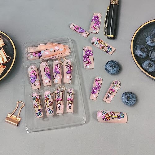 Long Pink Graffiti Ballerina False Nails for Women and Girls, 24 Piece Set - Image 4