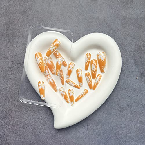 Long Press on Nails Coffin Fake Nails with Nail Glue Full Cover Orange False Nails with Flower Designs Acrylic Artificial Nails Stick on Nails for Women Nail Decorations 24Pcs - Image 6