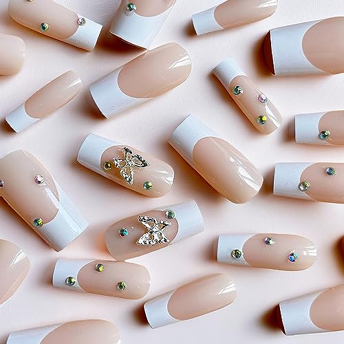Long Press on Nails French Tip Fake Nails Acrylic Glue on Nails with Metal Butterfly Nail Charms and Rhinestones Design Full Cover Coffin Shaped False Nails Artificial Stick on Nails for Women - Image 2