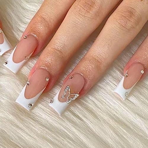 Long Press on Nails French Tip Fake Nails Acrylic Glue on Nails with Metal Butterfly Nail Charms and Rhinestones Design Full Cover Coffin Shaped False Nails Artificial Stick on Nails for Women