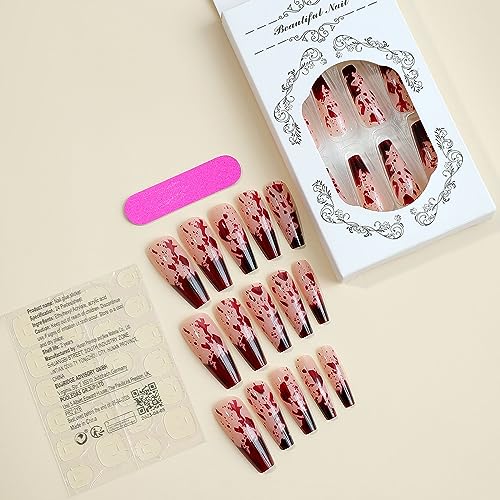 Long Press on Nails Halloween Coffin Fake Nails Full Cover Acrylic False Nails with Horror Blood Designs Glossy Red Stick on Nails Halloween Artificial Nails Glue on Nails for Women Girls Nail Decor - Image 4