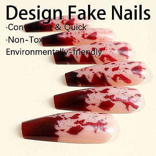 Long Press on Nails Halloween Coffin Fake Nails Full Cover Acrylic False Nails with Horror Blood Designs Glossy Red Stick on Nails Halloween Artificial Nails Glue on Nails for Women Girls Nail Decor - Image 3