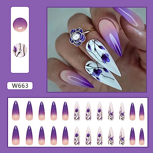 Long Press on Nails Stiletto Fake Nails with Purple Gradient Purple Flower Design Full Cover White Violet Gradient Artificial Nails for Women and Girls Summer Holiday Extra Long Acrylic Nails, 24 pcs - Image 5
