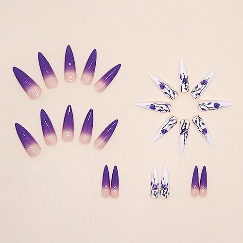 Long Press on Nails Stiletto Fake Nails with Purple Gradient Purple Flower Design Full Cover White Violet Gradient Artificial Nails for Women and Girls Summer Holiday Extra Long Acrylic Nails, 24 pcs - Image 2