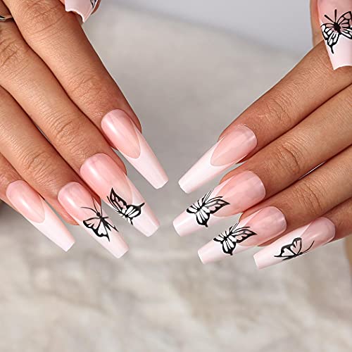 Long Square Coffin Press on Nails Glossy Pink Butterfly Fake Nails Designed Full Cover Ballerina French Nails Tips Punk Acrylic Artificial False Nails Sets for Women and Girls 24Pcs (A) - Image 5