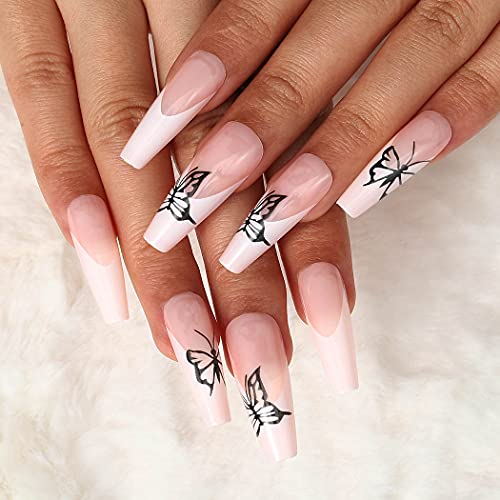 Long Square Coffin Press on Nails Glossy Pink Butterfly Fake Nails Designed Full Cover Ballerina French Nails Tips Punk Acrylic Artificial False Nails Sets for Women and Girls 24Pcs (A) - Image 6