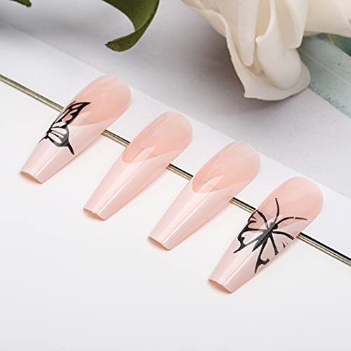 Long Square Coffin Press on Nails Glossy Pink Butterfly Fake Nails Designed Full Cover Ballerina French Nails Tips Punk Acrylic Artificial False Nails Sets for Women and Girls 24Pcs (A) - Image 4