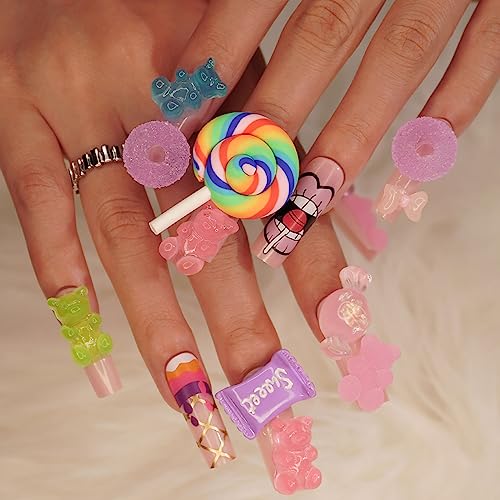 Long Square Press on Nails SWEKKE Fake Nails Kawaii Pink Full Cover 5D Little Bear Candy False Nails with Designs Cute Glossy Glue on Nails Manicure Artificial Acrylic Nails for Women Girls 24Pcs