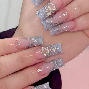 24 Pcs Long Square French Tip Press on Nails Set with Rhinestones