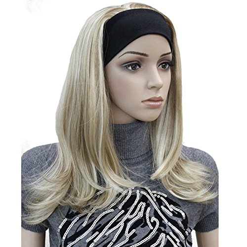 New Blonde Highlighted Long Straight Wave Synthetic Wig with Adjustable Headband, Size M