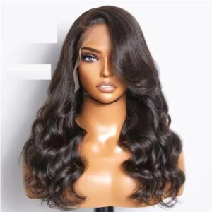 Loose Body Wave Layered Cut Side Bangs 13x6 Lace Front Wigs Brazilian Remy Human Hair Glueless Natural Wavy For Women Natural Color (24inch, 150% Density)
