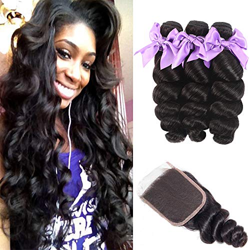 Loose Wave 3 Bundles with Closure Human Hair Bundles 8A Brazilian Virgin Human Hair Loose Wave Bundles with 4" 4" Lace Closure Free Part 100% Unprocessed Human Hair Extensions(28 28 28+20)