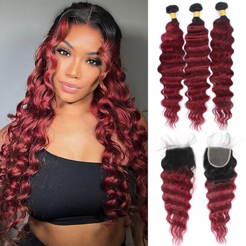 Loose Wave Bundles With Closure Burgundy Color Human Hair Loose Deep Wave Brazilian Virgin Hair 3 Bundles With 4x4 Lace Closure 12A 1B99j Human Hair Bundles 70g/Bundle (20 22 24+18)