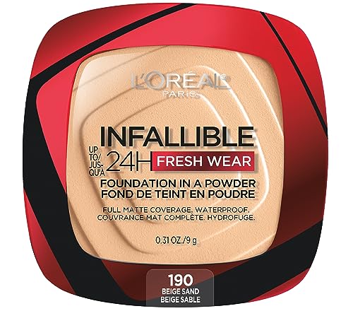 L'Oreal Paris Makeup Infallible Fresh Wear Foundation in a Powder, Up to 24H Wear, Waterproof, Beige Sand, 0.31 oz.
