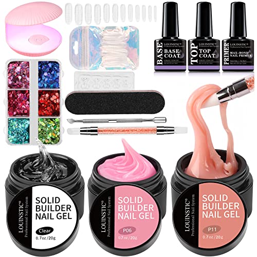 LOUINSTIC Builder Nail Gel for Nails - Solid Builder Nail Gel 3 Colors, Non-Sticky Hands for 3D Sculpture Modeling Nail Extension (0.7oz/20g)