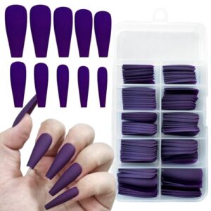 LoveOurHome 100pc Coffin Press on Nails Long Fake Nails Matte Full Cover False Nails Press ons Artificial Nail Medium Ballerina Fake Fingernail Violet Presson on Nail Tips for Women Kids Girls