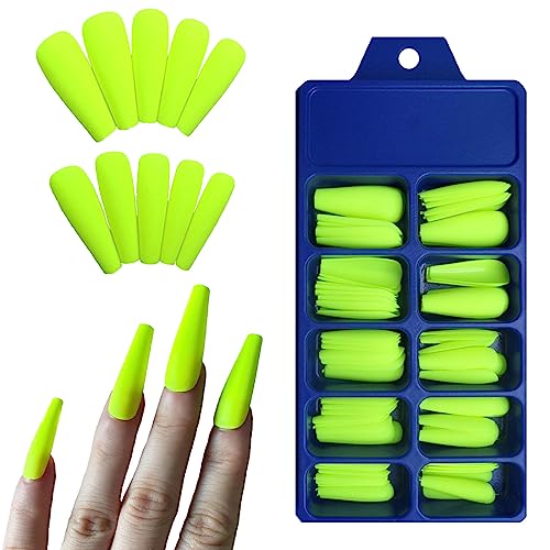 LoveOurHome 100pc Matte Press on Nails Long Coffin Fake Nails Full Cover False Acrylic Artificial Fingernails Lime Yellow Manicure Tips for Women Girls