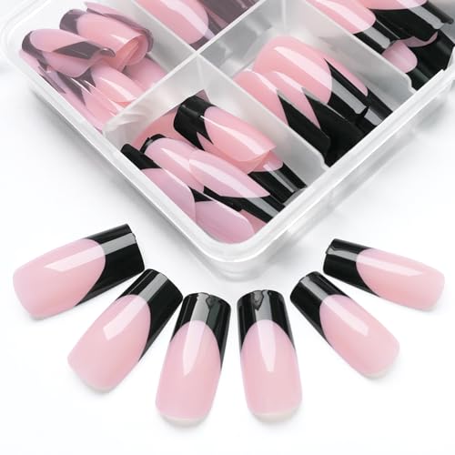 LoveOurHome 120pc French Press on Nails Long Fake Nail Short Press on Nail Square False Nail Black Acrylic French Tips Press quare Nail Short Artificial Nail & Glue Adhesive Tabs for Women Girls - Image 5