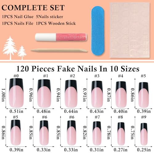 LoveOurHome 120pc French Press on Nails Long Fake Nail Short Press on Nail Square False Nail Black Acrylic French Tips Press quare Nail Short Artificial Nail & Glue Adhesive Tabs for Women Girls - Image 2
