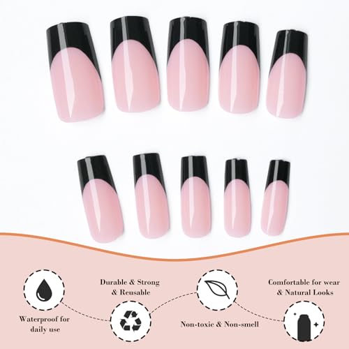 LoveOurHome 120pc French Press on Nails Long Fake Nail Short Press on Nail Square False Nail Black Acrylic French Tips Press quare Nail Short Artificial Nail & Glue Adhesive Tabs for Women Girls - Image 4