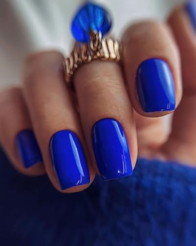 LoveOurHome 240pc Square Press on Nails Short Fake Nails Blue Glue on Nail Short Acrylic Nails Press ons Nail Tips Full Cover False Nail Square Artificial Fingernail & Adhesive Tabs for Women Girls
