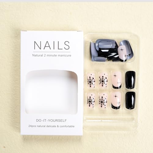 LoveOurHome 24pc Medium Nude Black French Tip Short Square Press On Acrylic Nails - Image 7