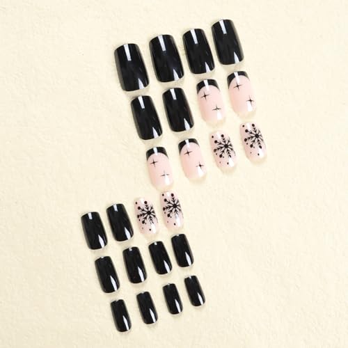 LoveOurHome 24pc Medium Nude Black French Tip Short Square Press On Acrylic Nails - Image 6