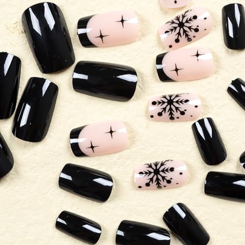LoveOurHome 24pc Medium Nude Black French Tip Short Square Press On Acrylic Nails - Image 5