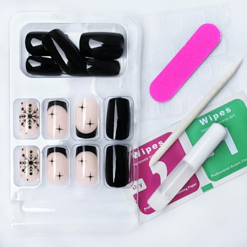 LoveOurHome 24pc Medium Nude Black French Tip Short Square Press On Acrylic Nails - Image 2
