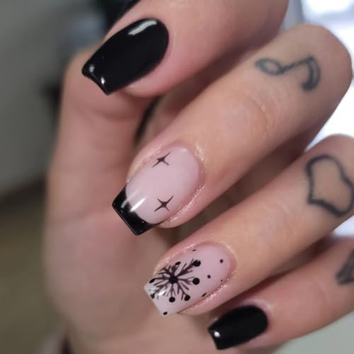 LoveOurHome 24pc Medium Nude Black French Tip Short Square Press On Acrylic Nails