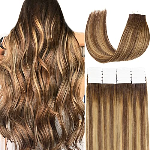 Loxxy Tape in Hair Extensions Human Hair Invisible Brazilian Natural Thick Remy Hair Ombre Chocalate Brown Fading into Chocolate Brown With Strawberry Blonde Highlight R#4-4/27 20pcs 50g/pack 14Inch