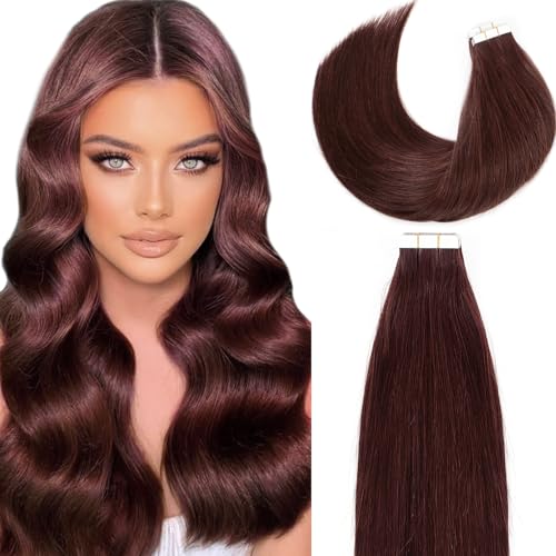 Loxxy Tape in Human Hair Extensions 100% Brazilian Hair Seamless Tape on Hair Extensions Skin Weft Tape in Real Human Hair Extensions Natural Thick End Red Wine Color #99J 20Pcs 50Gram 16 Inch