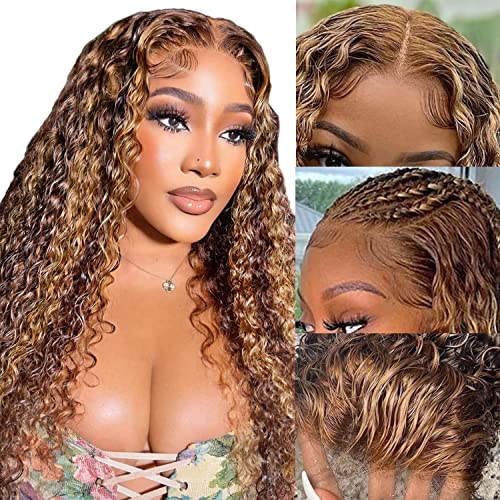 LuAiJa Highlight Curly Lace Front Wig Human Hair 13x4 Ombre Curly Wig Human Hair HD Lace Frontal Wigs Pre Plucked with Baby Hair Wet and Wavy Wigs 180% Density Honey Blonde 4/27 Color Wig 22inch