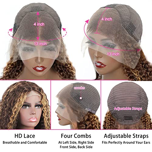 LuAiJa Highlight Curly Lace Front Wig Human Hair 13x4 Ombre Curly Wig Human Hair HD Lace Frontal Wigs Pre Plucked with Baby Hair Wet and Wavy Wigs 180% Density Honey Blonde 4/27 Color Wig 22inch - Image 3