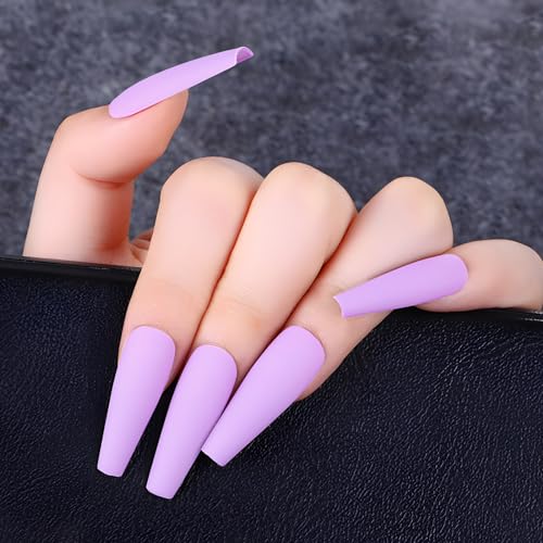 LuckForever 100pc Long Press on Nails Coffin Fake Nails Matte Coffin Press on Nails Medium Ballerina False Nail Pink Purple Colored Full Cover Nail Tips Acrylic Presson Nail Women Girls Manicure DIY