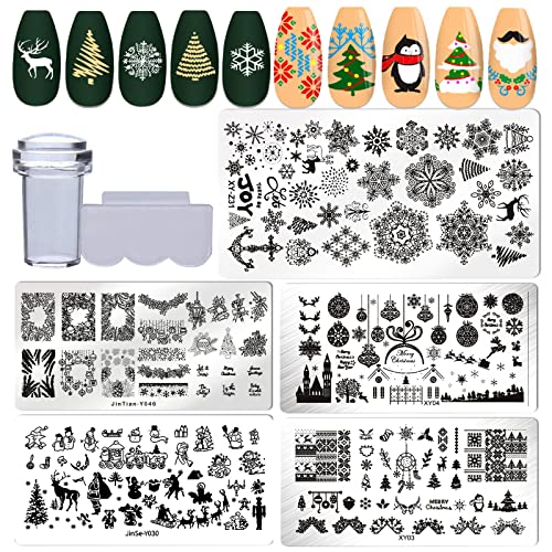 LuckForever Christmas Nail Stamping Kit Snowflake Snowman Elk XMAS Nails Stamps Template Stencil with Clear Silicone Stamper Scraper