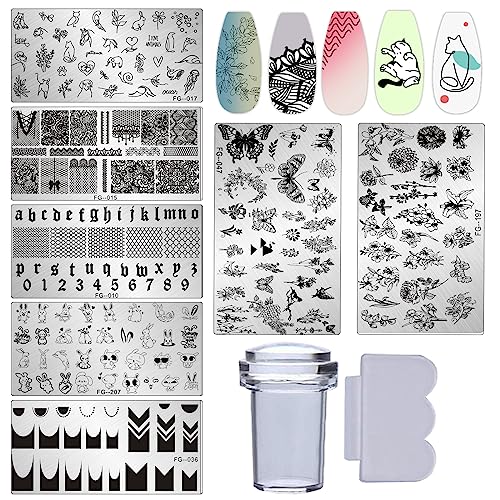LuckForever Nail Stamping Kit 7pc Flower Animal Letter Nail Art Stamping Plate Lace Cat Dog Butterfly Nails Stencil Template with Silicone Stamper