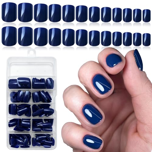 LuckForever Short Press on Nails 240pc Glossy Blue Press on Nails Short Square Fake Nails Full Cover False Fingernail French Tips Presson Nail 10 Sheets Glue Nail Adhesive Tabs File Tools for Women
